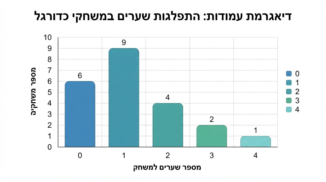 תרשים רחב 16:9 על רקע לבן: דיאגרמת עמודות. ציר אופקי: 0, 1, 2, 3, 4 שערים. ציר אנכי: מספר משחקים מ־0 עד 10. עמודות בגבהים 6, 9, 4, 2, 1
