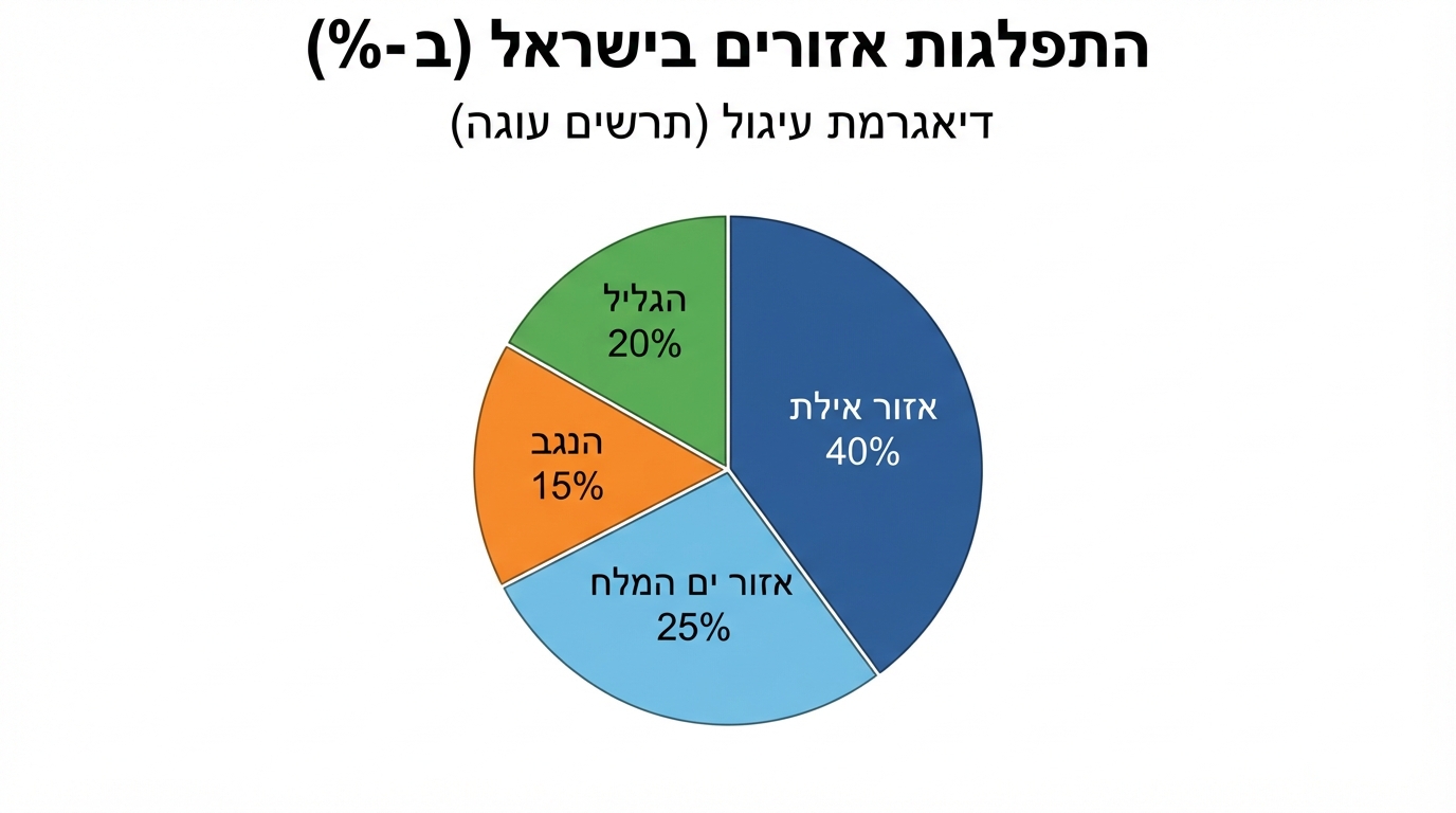 דיאגרמת עיגול המחולקת לארבע גזרות עם תוויות בעברית: אזור אילת 40%, אזור ים המלח 25%, הגליל 20%, הנגב 15%; הגזרה של אזור אילת היא הגדולה ביותר