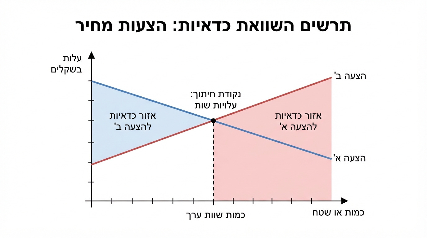 תרשים השוואת כדאיות בין שתי אפשרויות: מערכת צירים שבה הציר האופקי מייצג כמות או שטח, והציר האנכי מייצג עלות בשקלים. שני קווים ישרים מייצגים שתי הצעות מחיר שונות, ונקודת החיתוך ביניהם מסומנת כנקודה שבה העלויות שוות. בצד אחד של הנקודה אחת ההצעות נמוכה יותר, ובצד השני ההצעה השנייה נמוכה יותר.