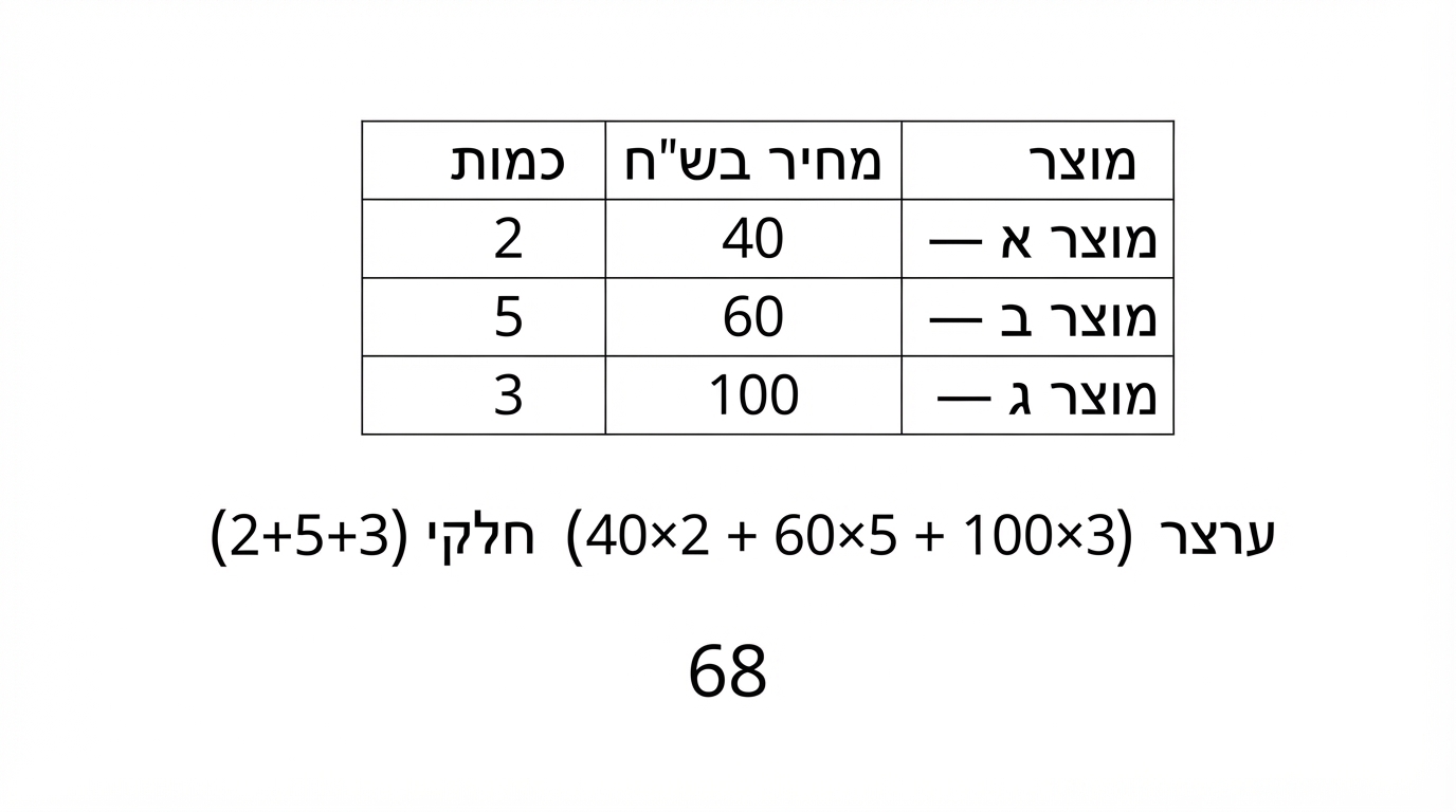 טבלה פשוטה בעברית עם שלוש עמודות: מוצר, מחיר בש״ח, כמות. שלוש שורות: מוצר א — 40, 2; מוצר ב — 60, 5; מוצר ג — 100, 3. מתחת לטבלה מופיע חישוב ממוצע משוקלל: (40×2 + 60×5 + 100×3) חלקי (2+5+3), ותוצאה 68. רקע לבן.
