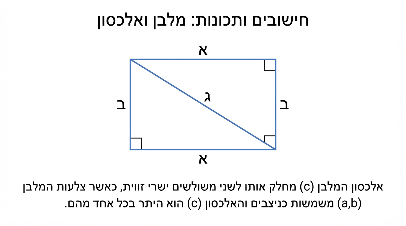 תרשים של מלבן עם אלכסון; האלכסון מחלק את המלבן לשני משולשים ישרי זווית, והצלעות מסומנות a ו-b והאלכסון c
