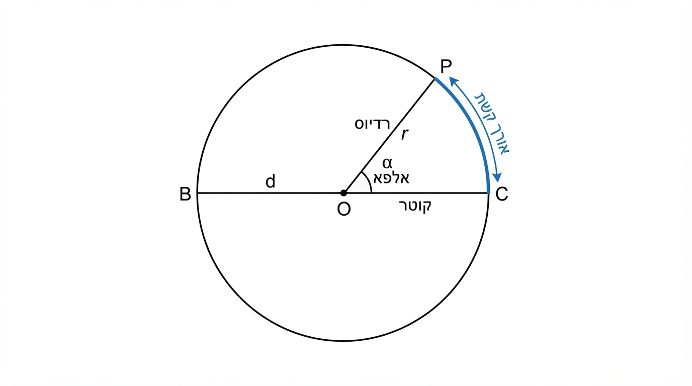 תרשים של מעגל עם מרכז O, רדיוס r, קוטר d וזווית מרכזית α המסמנת קשת על המעגל