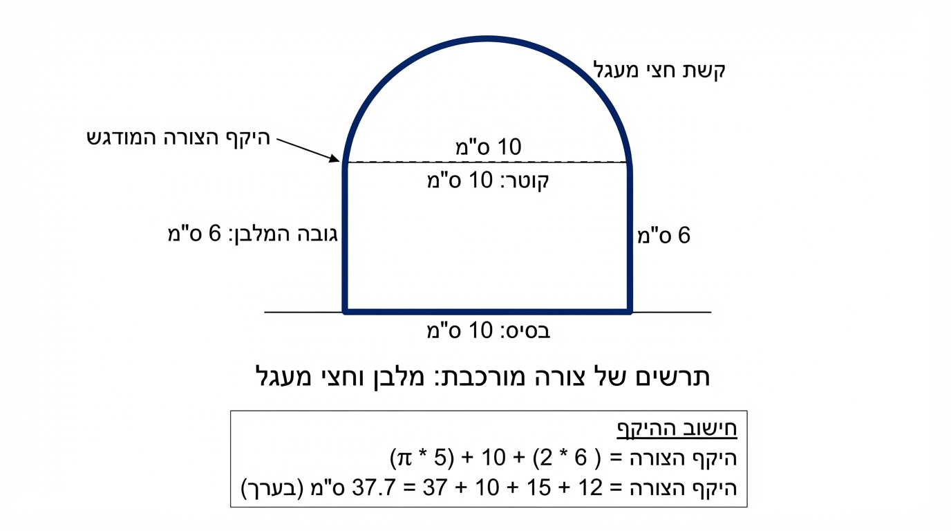 תרשים של צורה מורכבת ממלבן שמעליו חצי מעגל; קו ההיקף החיצוני מודגש, והקטעים הישרים והקשת מסומנים באורכים