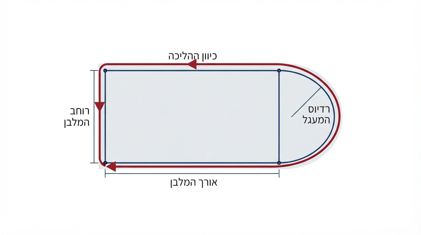 תרשים מסלול במישור: מלבן שמחובר אליו חצי מעגל; מסומנים אורך המלבן, רוחבו ורדיוס חצי המעגל, וחץ מציין את כיוון ההליכה