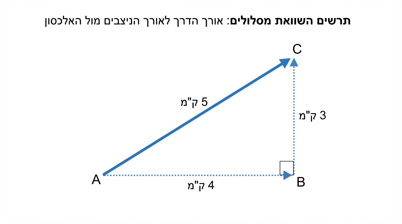 תרשים השוואת מסלולים: נקודה A בפינה שמאלית תחתונה, נקודה B בפינה ימנית תחתונה ונקודה C בפינה ימנית עליונה; מסלול אחד עובר מ-A ל-B ומ-B ל-C לאורך ניצבים, ומסלול שני עובר ישירות מ-A ל-C באלכסון; מסומנים אורכי הניצבים והאלכסון