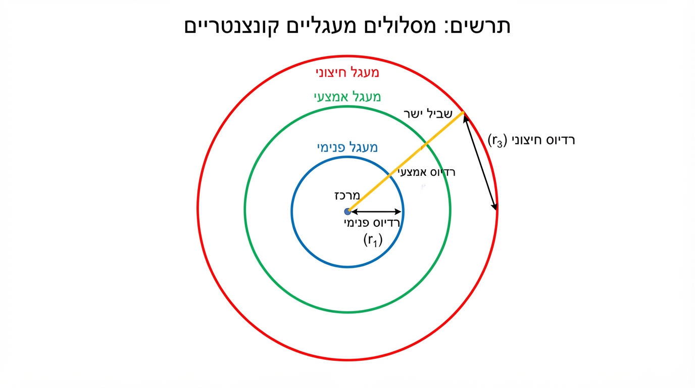 תרשים שלושה מסלולים מעגליים קונצנטריים: מעגל פנימי, מעגל אמצעי ומעגל חיצוני, עם שביל ישר המחבר בין נקודה על המעגל הפנימי לנקודה על המעגל החיצוני; הרדיוסים השונים מסומנים