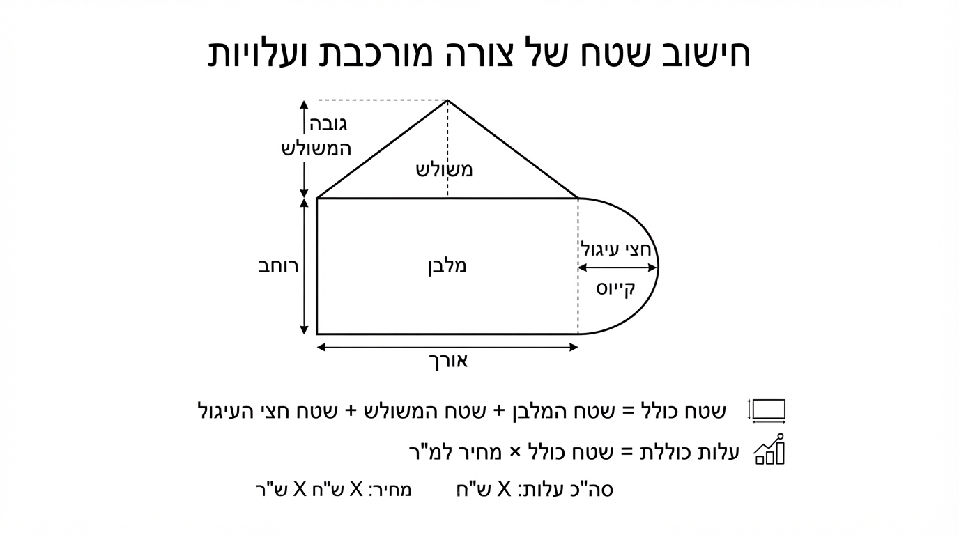 תרשים של צורה מורכבת הבנויה ממלבן מרכזי, משולש מעליו וחצי עיגול הצמוד לצדו, עם קווי עזר מקווקווים המראים את הפירוק למלבן, למשולש ולחצי עיגול, על רקע לבן