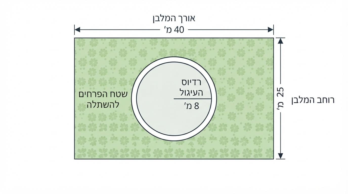 תרשים כיכר: מלבן חיצוני ובתוכו עיגול מרכזי; האזור שבתוך המלבן ומחוץ לעיגול מוצל כשטח פרחים, עם סימון אורך ורוחב המלבן ורדיוס העיגול, על רקע לבן
