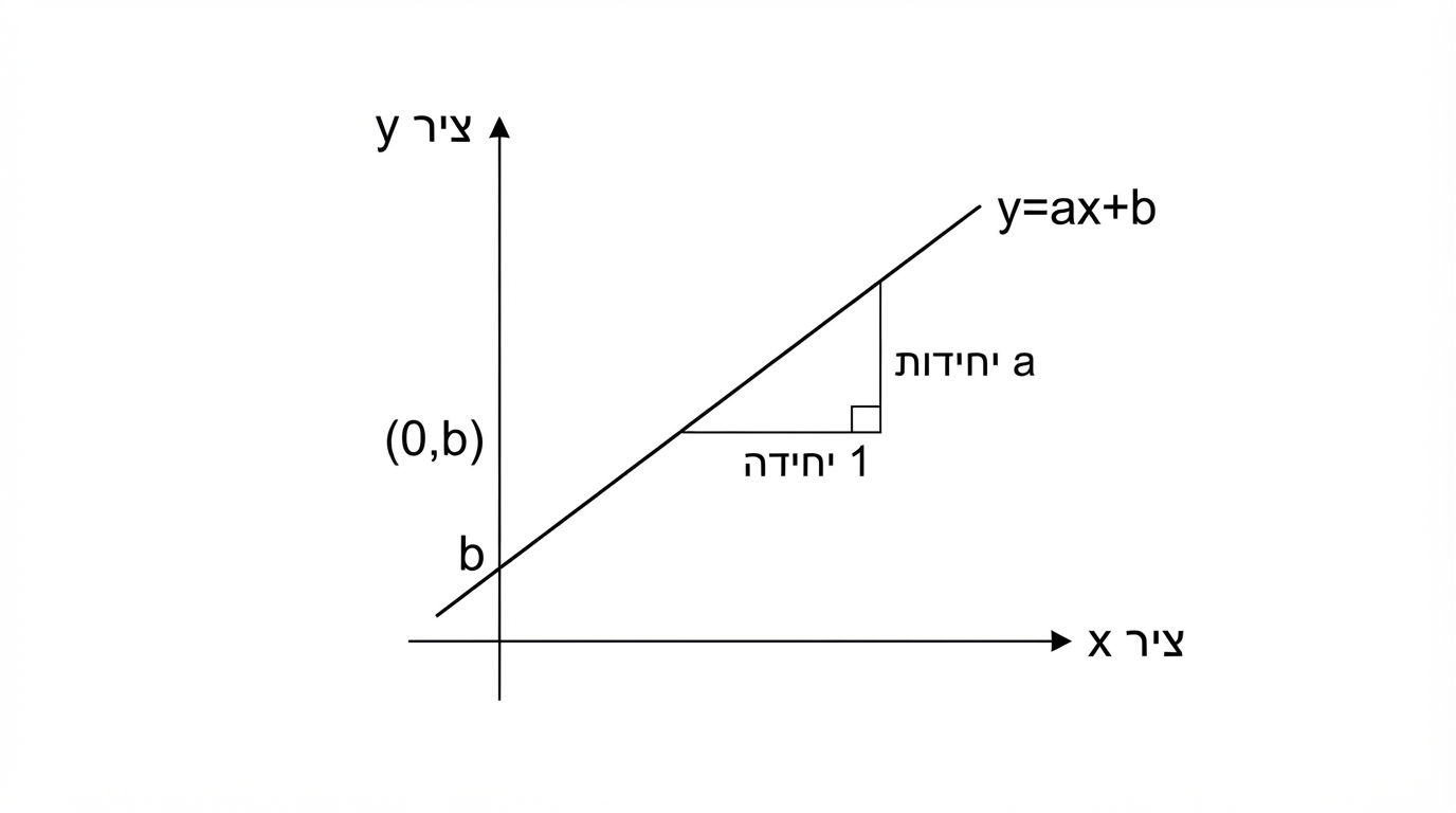 מערכת צירים עם ציר x אופקי וציר y אנכי. ישר עולה חותך את ציר y בנקודה המסומנת b. בין שתי נקודות על הישר משורטט משולש שיפוע: תזוזה של יחידה אחת ימינה ותזוזה של a יחידות למעלה. ליד הישר כתוב y=ax+b, וליד נקודת החיתוך כתוב (0,b).