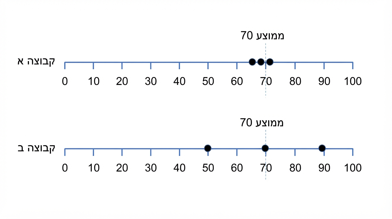 שני צירים מספריים על רקע לבן ביחס 16:9, כל ציר מ-0 עד 100. בציר העליון כתוב קבוצה א ומסומנות שלוש נקודות קרובות 68, 70, 72 סביב קו אנכי מקווקו שלצדו ממוצע 70. בציר התחתון כתוב קבוצה ב ומסומנות שלוש נקודות רחוקות 50, 70, 90 סביב אותו קו ממוצע 70. התרשים מדגים פיזור קטן מול פיזור גדול