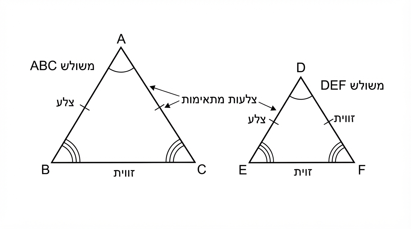 שני משולשים דומים זה לצד זה: משולש ABC גדול ומשולש DEF קטן יותר. הקודקודים A, B, C ו-D, E, F מסומנים. זווית A וזווית D מסומנות בקשת אחת, זווית B וזווית E בקשת שתיים, זווית C וזווית F בקשת שלוש. הצלעות AB ו-DE מסומנות כצלעות מתאימות.