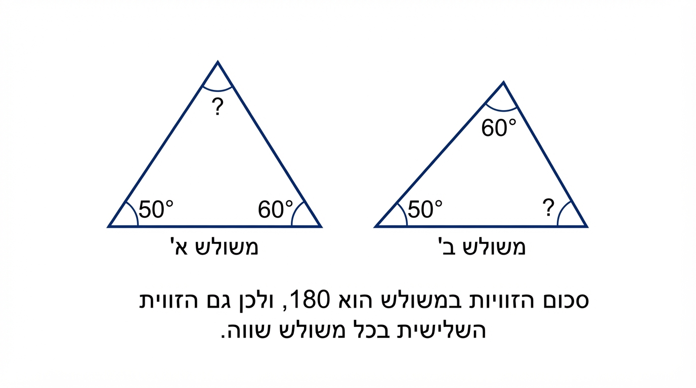 שני משולשים נפרדים זה לצד זה. בכל משולש מסומנות שתי זוויות שוות: אחת בת 50 מעלות ואחת בת 60 מעלות. הזווית השלישית אינה כתובה, ולידה סימן שאלה. מתחת לשני המשולשים כתוב שסכום הזוויות הוא 180 מעלות, ולכן גם הזווית השלישית שווה.