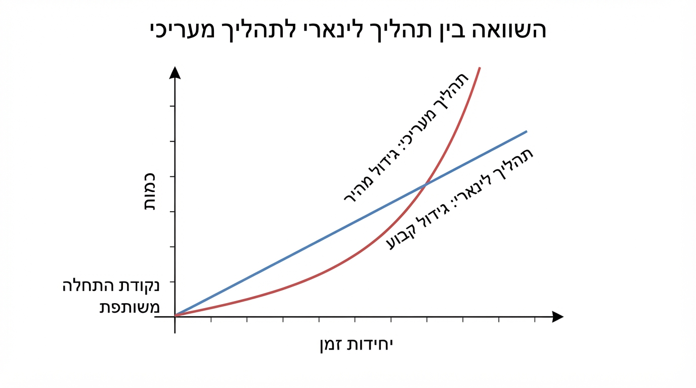 גרף השוואה במערכת צירים: ציר אופקי המסמן יחידות זמן וציר אנכי המסמן כמות; קו ישר העולה באופן קבוע מייצג תהליך לינארי, ועקום העולה מהר יותר מייצג תהליך מעריכי; שני הגרפים מתחילים מאותה נקודה