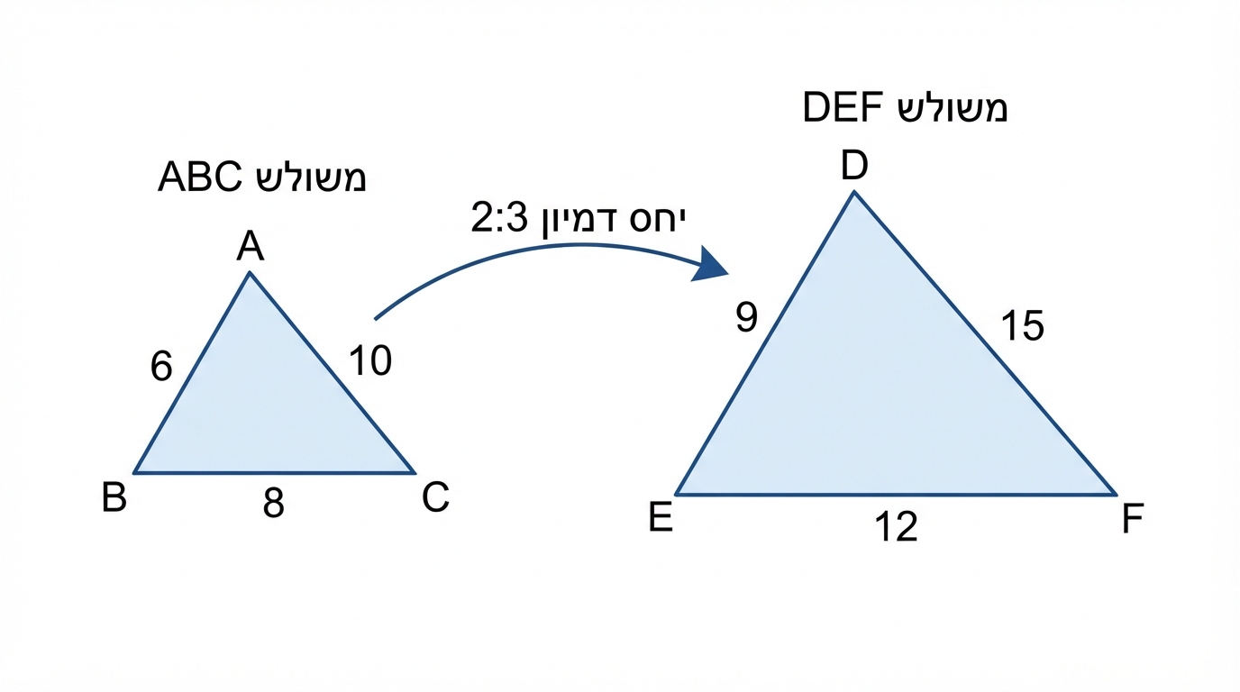 שני משולשים דומים עם קודקודים וצלעות מתאימות: משולש ABC קטן ומשולש DEF גדול, כאשר ליד הצלעות כתוב 6, 8, 10 במשולש הקטן ו־9, 12, 15 במשולש הגדול, וחצים מציינים יחס דמיון 2:3