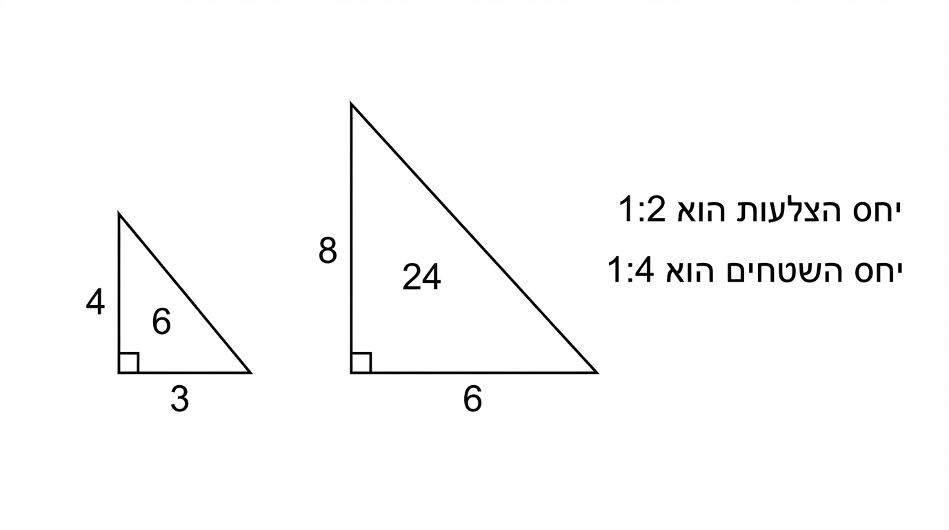 המחשת יחס השטחים בין שני משולשים דומים: משולש ישר־זווית קטן עם בסיס 3 וגובה 4 ושטח 6, ולצידו משולש דומה גדול עם בסיס 6 וגובה 8 ושטח 24, ולידם כיתוב המראה שיחס הצלעות הוא 1:2 ויחס השטחים הוא 1:4