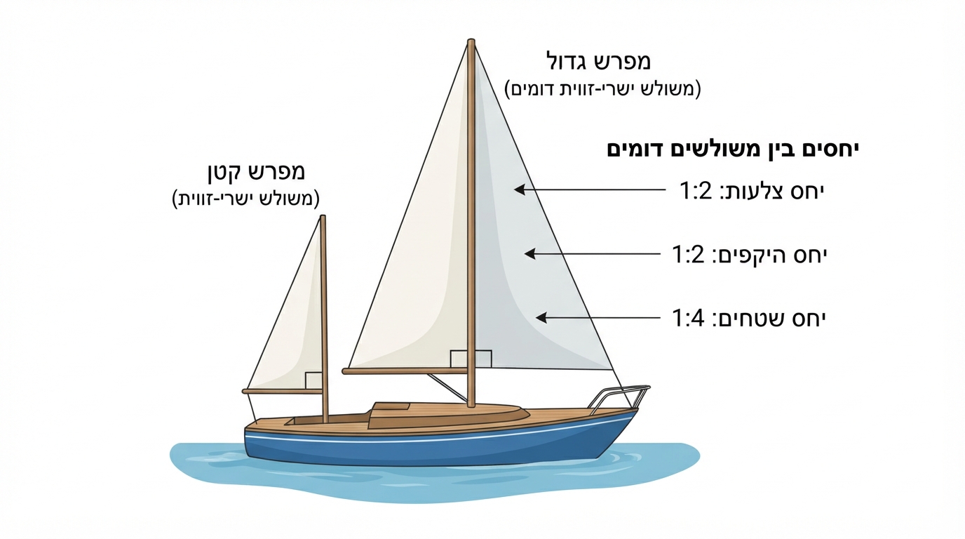 סצנה אוריינית של שני מפרשים משולשיים ישרי־זווית דומים על סירת מפרש: מפרש קטן ומפרש גדול, עם תורן אנכי ומנור אופקי, ולידם תוויות של יחס צלעות 1:2, יחס היקפים 1:2 ויחס שטחים 1:4