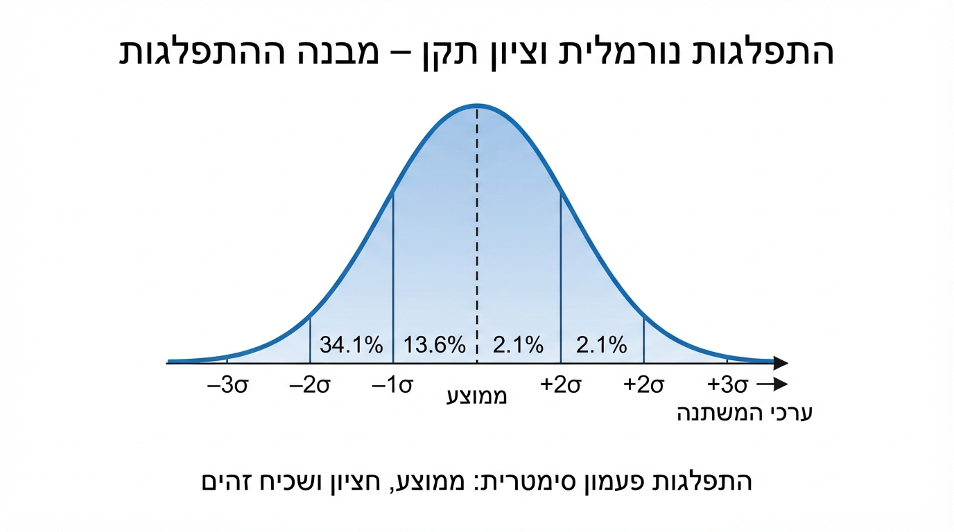 עקומה נורמלית סימטרית דמויית פעמון מעל ציר אופקי של ערכי המשתנה; במרכז הציר נמצא קו אנכי מקווקו המסומן כממוצע, העקומה מגיעה לשיא אחד מעליו ויורדת בהדרגה בשני הכיוונים