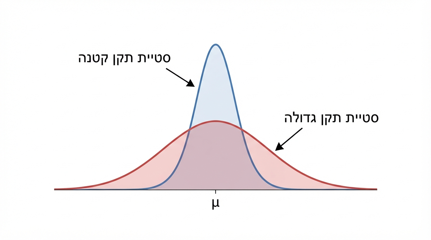 שתי עקומות נורמליות על אותה מערכת צירים; שתיהן בעלות שיא באותה נקודת ממוצע על ציר אופקי, ליד העקומה הצרה כתוב סטיית תקן קטנה, וליד העקומה הרחבה והשטוחה יותר כתוב סטיית תקן גדולה