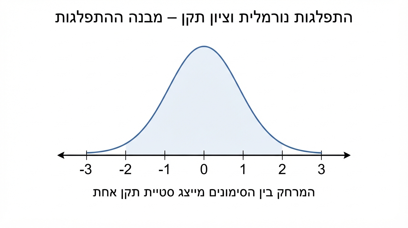 ציר אופקי של ציוני תקן שעליו מסומנים הערכים מינוס 3, מינוס 2, מינוס 1, 0, 1, 2, 3; מעל הציר מצוירת עקומה נורמלית סימטרית שמרכזה מעל 0, ומתחת לציר כתוב שהמרחק בין הסימונים מייצג סטיית תקן אחת