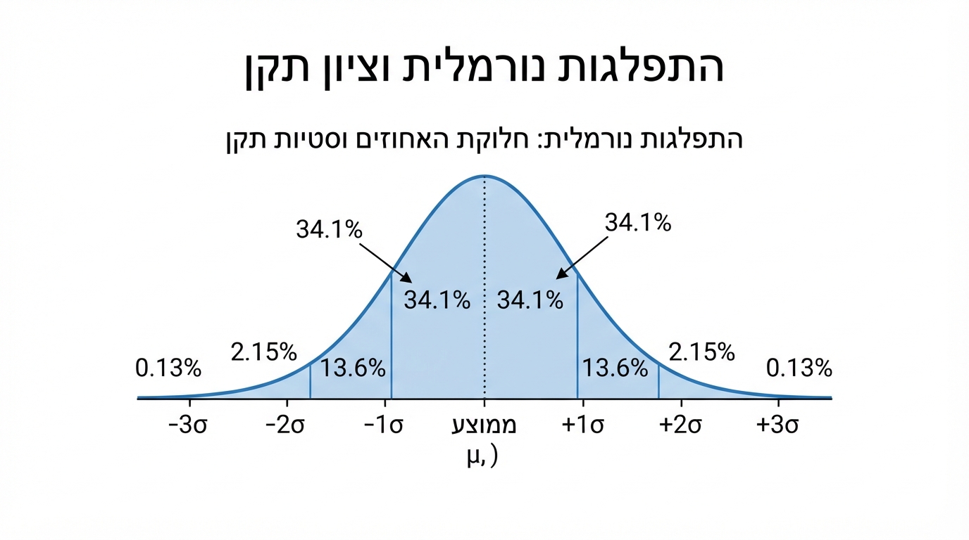 עקומה נורמלית סימטרית על ציר אופקי; במרכז מסומן הממוצע, ומשני צדדיו מסומנות נקודות במרחק סטיית תקן אחת, שתיים ושלוש; השטח בין הממוצע לסטיית תקן אחת מסומן באחוזים, והשטחים הסימטריים בצד השני מסומנים באותם אחוזים