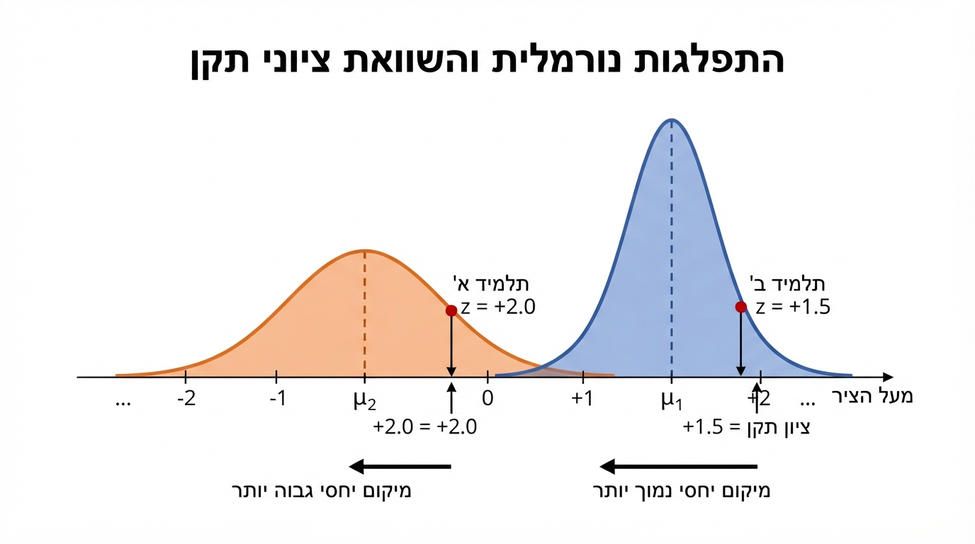 שתי עקומות נורמליות על ציר אופקי משותף; עקומה אחת צרה ומרכזה בערך גבוה יותר, ועקומה שנייה רחבה ומרכזה בערך נמוך יותר; על כל עקומה מסומנת נקודת נתון עם תווית של ציון תקן, כדי להמחיש השוואת מיקום יחסי בין שתי אוכלוסיות