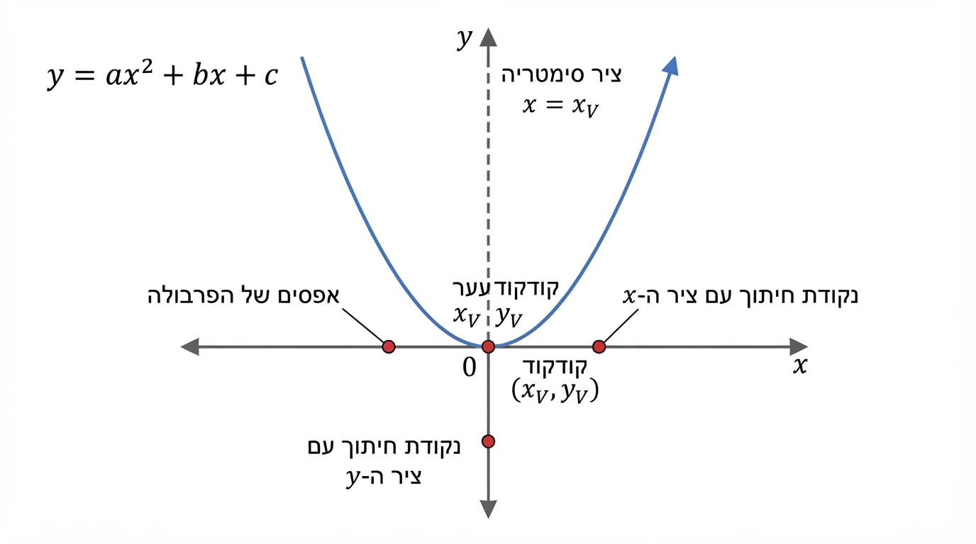 פרבולה במערכת צירים: צירים x ו-y, פרבולה שנפתחת כלפי מעלה, קודקוד מסומן בנקודה, ציר סימטריה אנכי מקווקו העובר דרך הקודקוד, שתי נקודות חיתוך עם ציר x ונקודת חיתוך עם ציר y