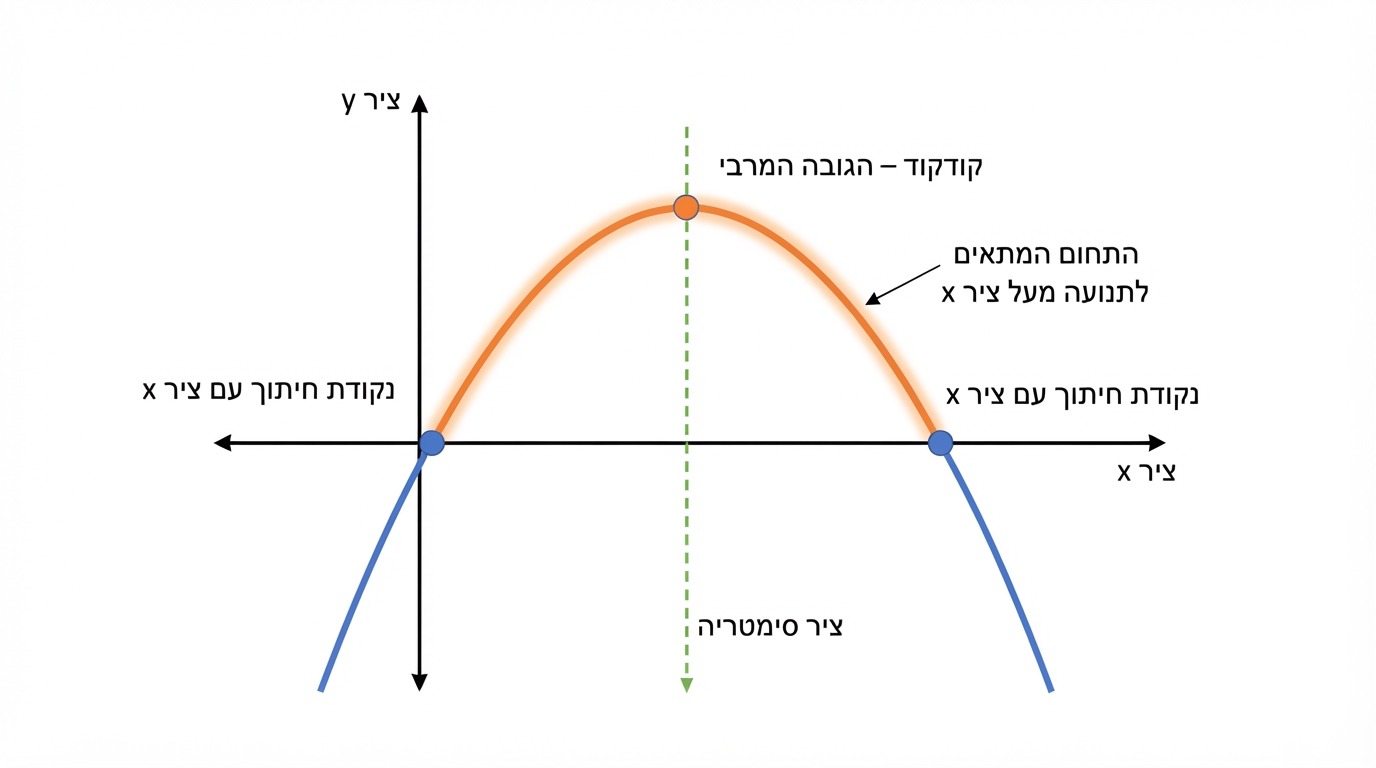 פרבולה במערכת צירים המתארת מסלול מעל ציר x: התחום המתאים מודגש בין שתי נקודות חיתוך עם ציר x, הקודקוד מסומן כגובה המרבי, וציר סימטריה מקווקו עובר דרכו