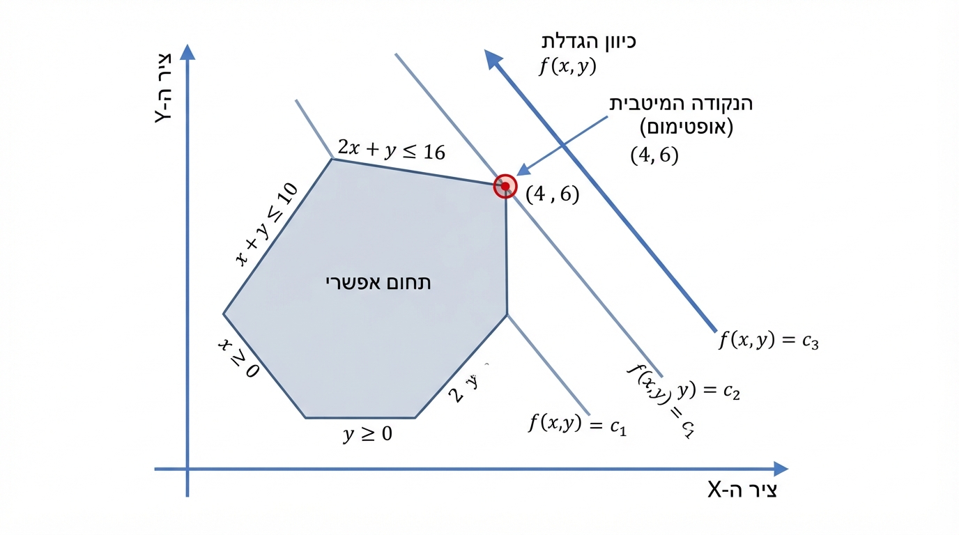 תרשים של פונקציית מטרה על תחום אפשרי: מצולע סגור במערכת צירים, שלושה ישרים מקבילים המייצגים ערכים שונים של f(x,y)=c, חץ המראה את כיוון הגדלת הערך, והנקודה המיטבית בקודקוד הימני העליון של המצולע מסומנת כנקודת מגע אחרונה של הישר המקביל