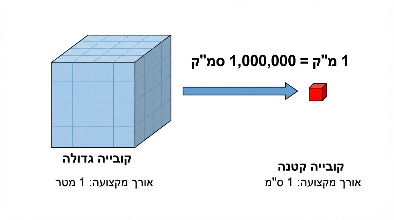 קובייה גדולה שאורך מקצועה 1 מטר על רקע לבן, ולצידה קובייה קטנה שאורך מקצועה 1 סנטימטר; בין הקוביות חץ וכיתוב 1 מ״ק = 1,000,000 סמ״ק