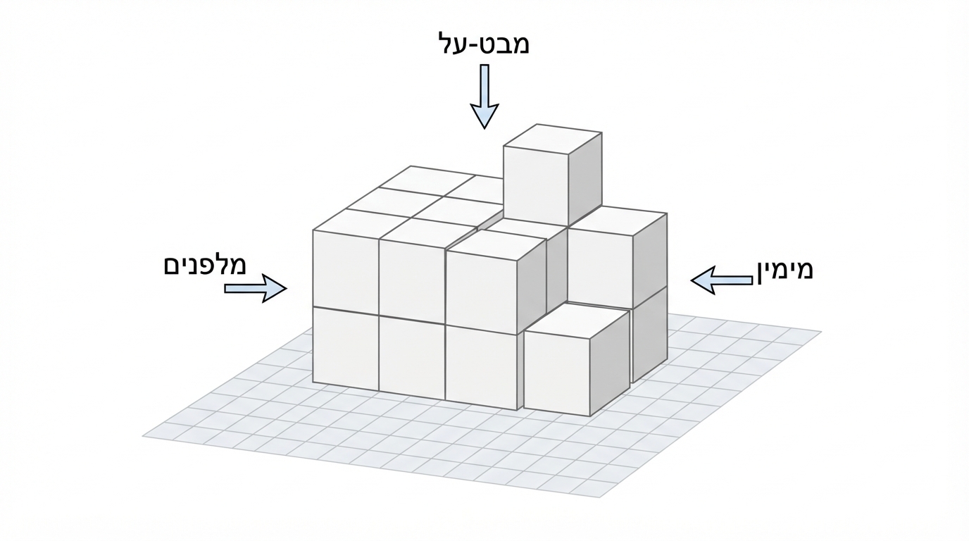 תרשים תלת־ממדי של מבנה פשוט הבנוי מקוביות על רצפת משבצות, עם שלושה חצים המציינים כיווני התבוננות: חץ הפונה אל חזית המבנה ומסומן "מלפנים", חץ הפונה אל הצד הימני ומסומן "מימין", וחץ הפונה מלמעלה ומסומן "מבט־על"