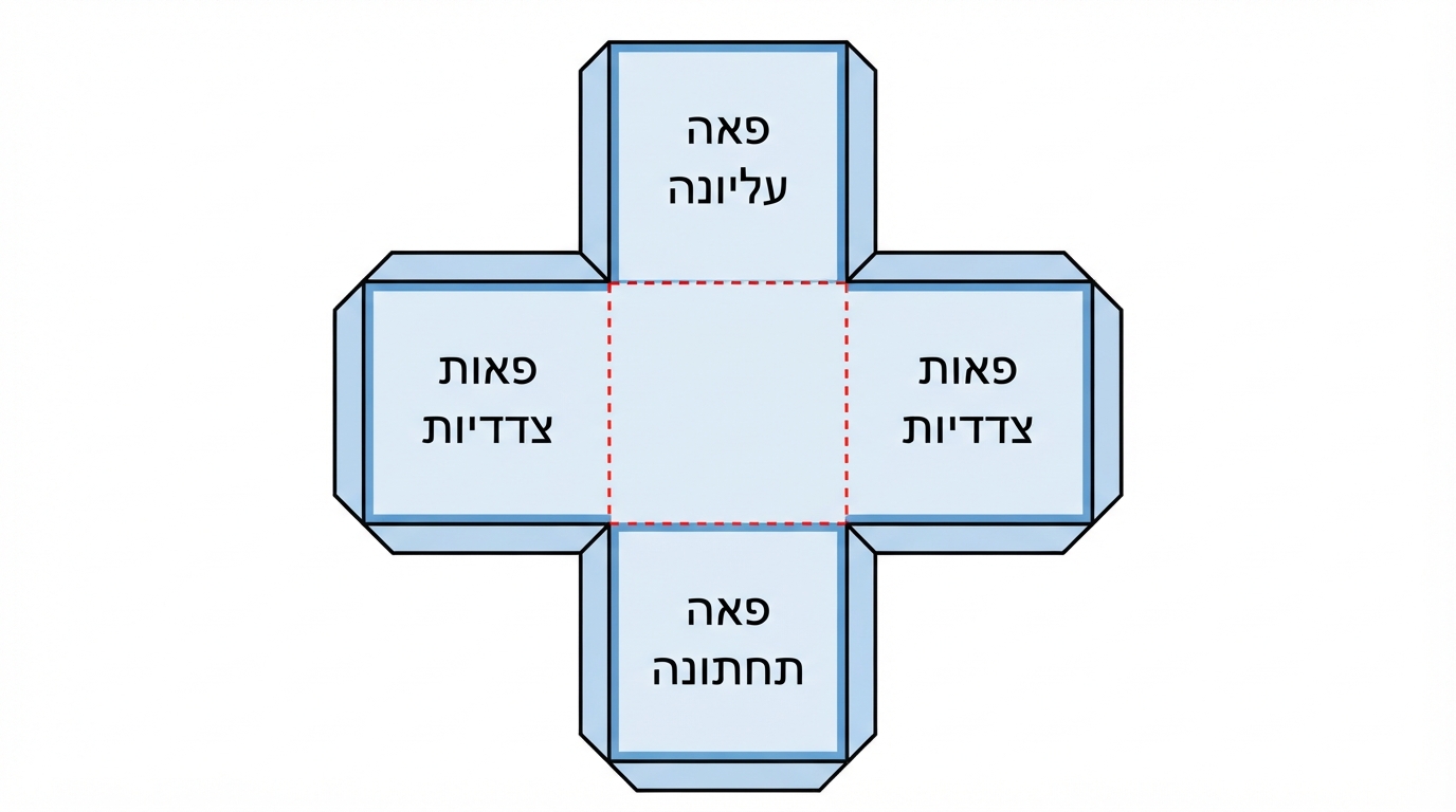 פריסה של קובייה במישור: שישה ריבועים שווים מחוברים לאורך צלעות בצורת צלב, עם קווים מקווקווים לציון קיפול; הריבוע העליון מסומן "פאה עליונה", הריבוע התחתון מסומן "פאה תחתונה", וארבעת הריבועים האמצעיים מסומנים כפאות צדדיות