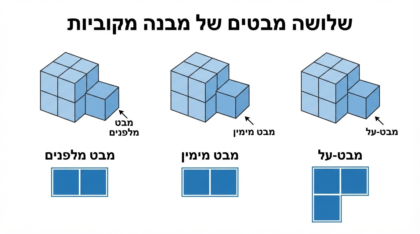 שלושה מבטים של מבנה מקוביות: מבט מלפנים המראה שני ריבועים צמודים, מבט מימין המראה שני ריבועים צמודים, ומבט־על המראה שלושה ריבועים בצורת L; כל מבט מסומן בכותרת נפרדת ומורכב מריבועים בלבד, בלי קווים נסתרים