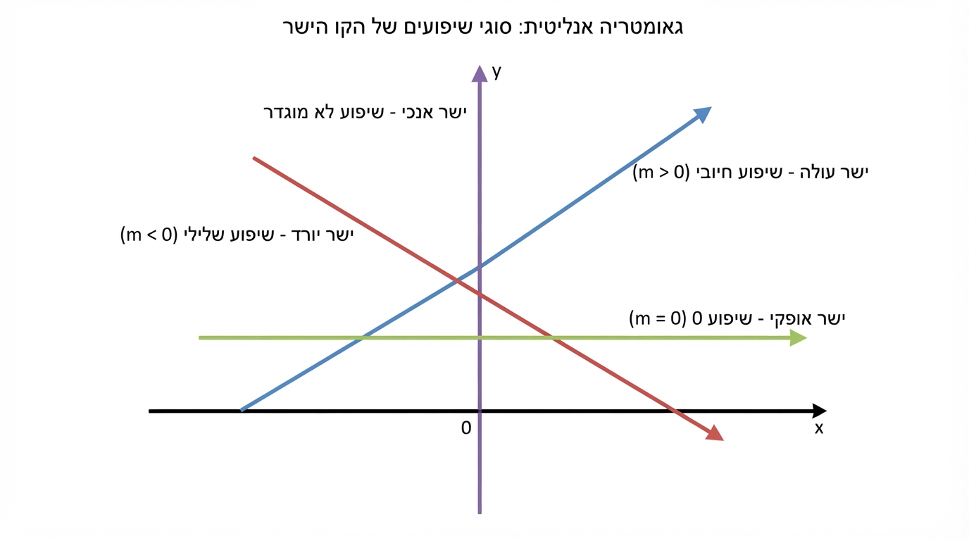 תרשים במערכת צירים המציג ארבעה ישרים: ישר עולה עם תווית שיפוע חיובי, ישר יורד עם תווית שיפוע שלילי, ישר אופקי עם תווית שיפוע 0, וישר אנכי עם תווית שיפוע לא מוגדר