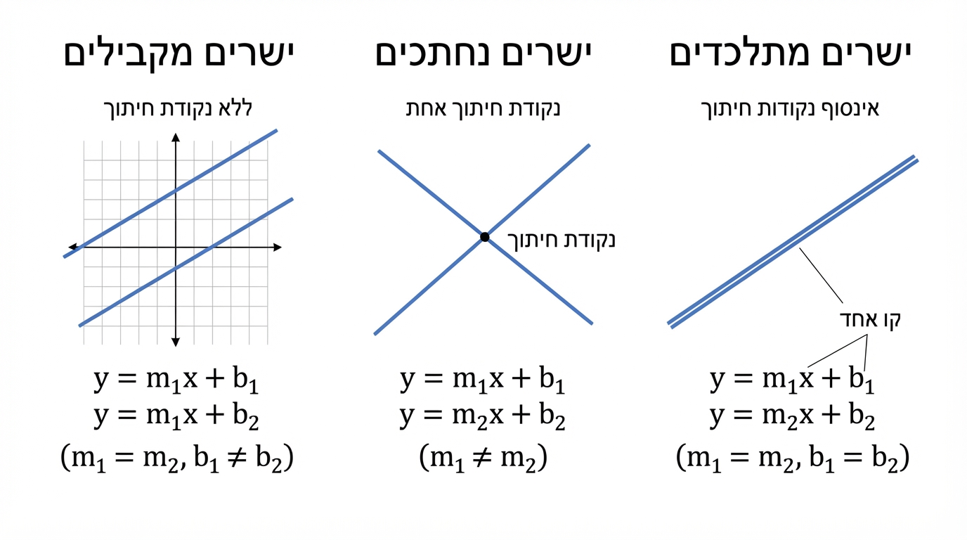 תרשים המציג שלושה מצבים בין ישרים: שני ישרים מקבילים ללא נקודת חיתוך, שני ישרים נחתכים בנקודה אחת, ושני ישרים מתלכדים המופיעים כקו אחד עם שתי תוויות