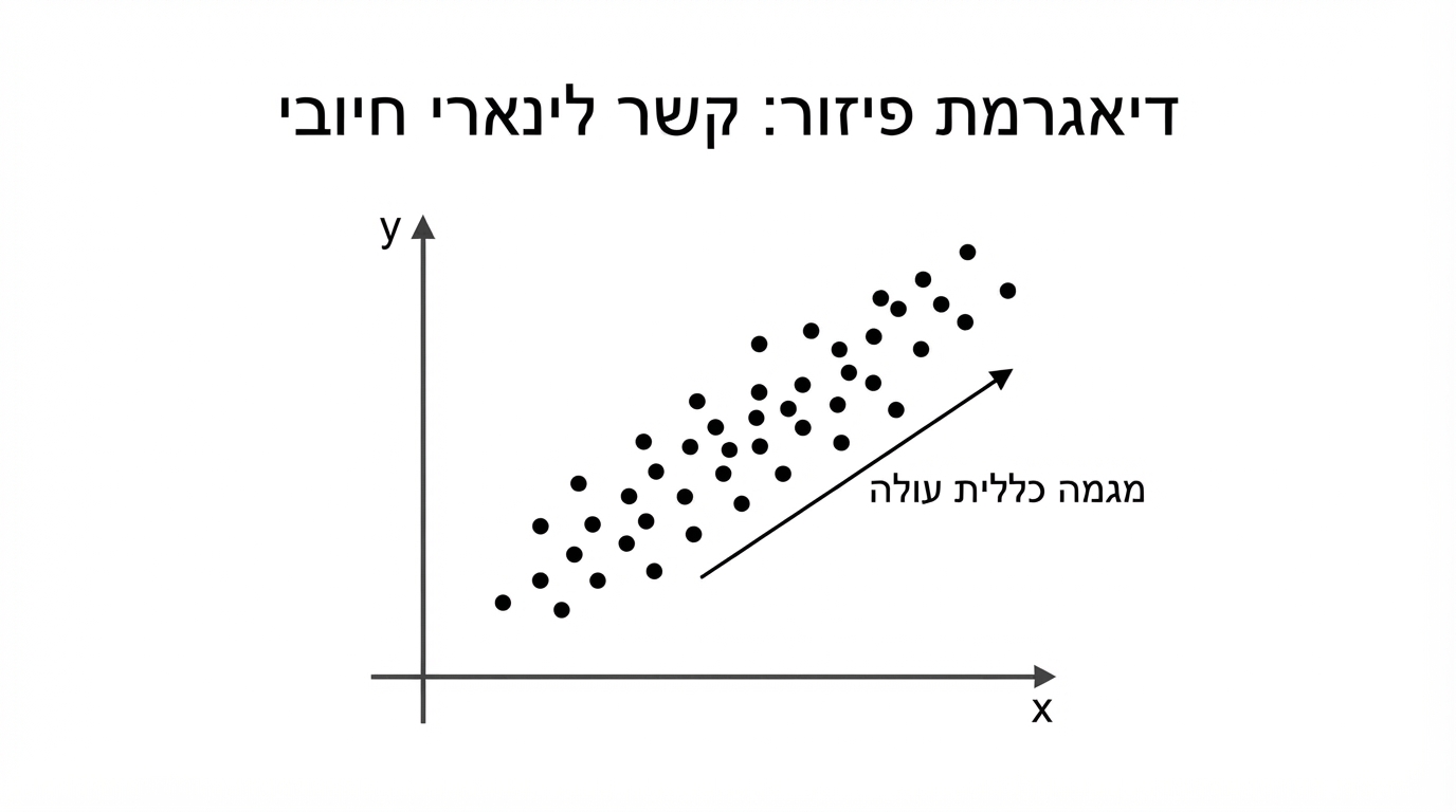 דיאגרמת פיזור על רקע לבן: מערכת צירים עם ציר אופקי מסומן x וציר אנכי מסומן y, נקודות שחורות מפוזרות ויוצרות ענן עם מגמה כללית עולה