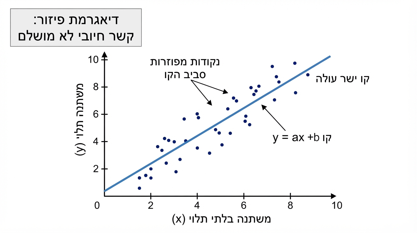 דיאגרמת פיזור על רקע לבן עם קשר חיובי לא מושלם: נקודות מפוזרות סביב קו ישר עולה, ולא כל הנקודות נמצאות על הקו