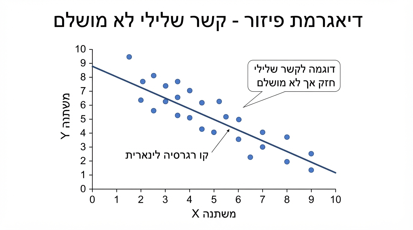 דיאגרמת פיזור על רקע לבן עם קשר שלילי לא מושלם: נקודות מפוזרות סביב קו ישר יורד, ולא כל הנקודות נמצאות על הקו