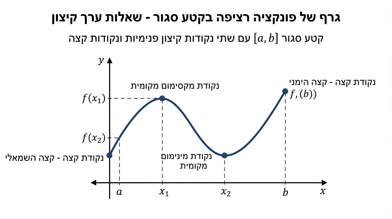 גרף של פונקציה רציפה בקטע סגור במערכת צירים, עם שתי נקודות קיצון פנימיות ונקודות קצה מסומנות