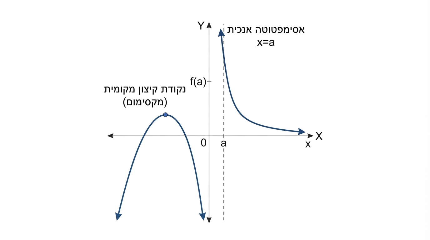 סקיצה של גרף פונקציה רציונלית במערכת צירים, עם אסימפטוטה אנכית מסומנת ונקודת קיצון מקומית אחת
