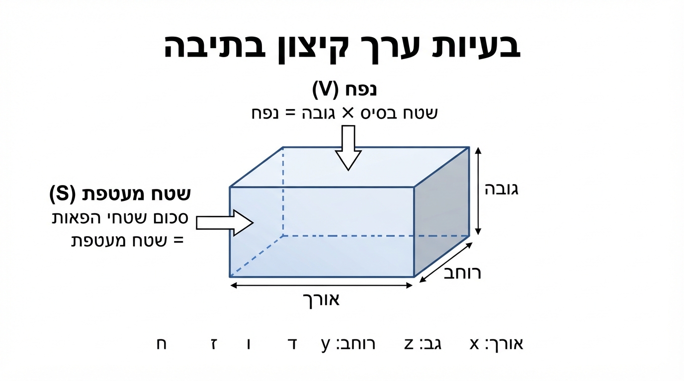 תיבה תלת־ממדית על רקע לבן עם צלעות מסומנות באורך, רוחב וגובה, וחצים המציינים נפח ושטח מעטפת