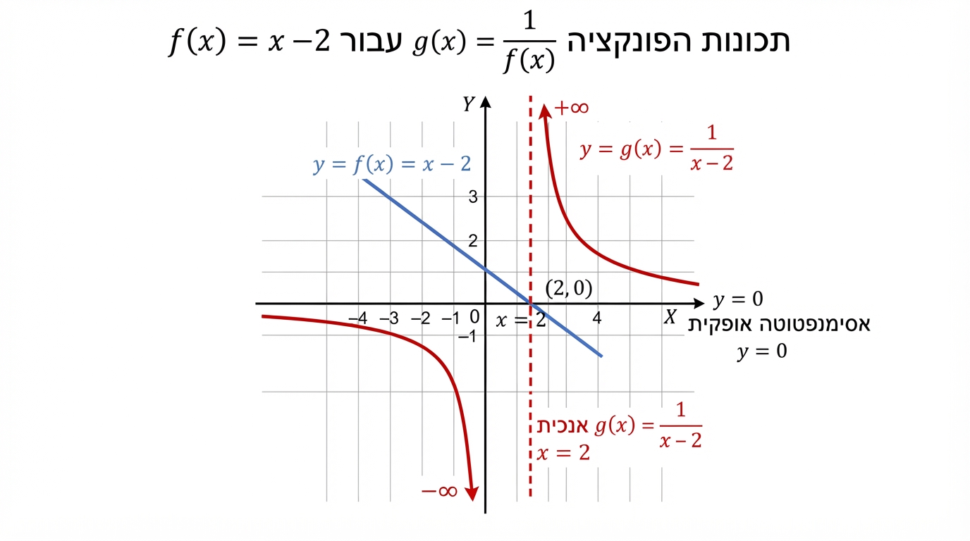 תרשים במערכת צירים של הפונקציה f(x)=x-2 ושל הפונקציה g(x)=1/(x-2). הישר f(x)=x-2 חותך את ציר ה־x בנקודה x=2. לגרף g יש אסימפטוטה אנכית מקווקוות x=2 ואסימפטוטה אופקית מקווקוות y=0. משמאל ל־x=2 הענף של g נמצא מתחת לציר ה־x ושואף למינוס אינסוף ליד האסימפטוטה, ומימין ל־x=2 הענף נמצא מעל ציר ה־x ושואף לאינסוף ליד האסימפטוטה.