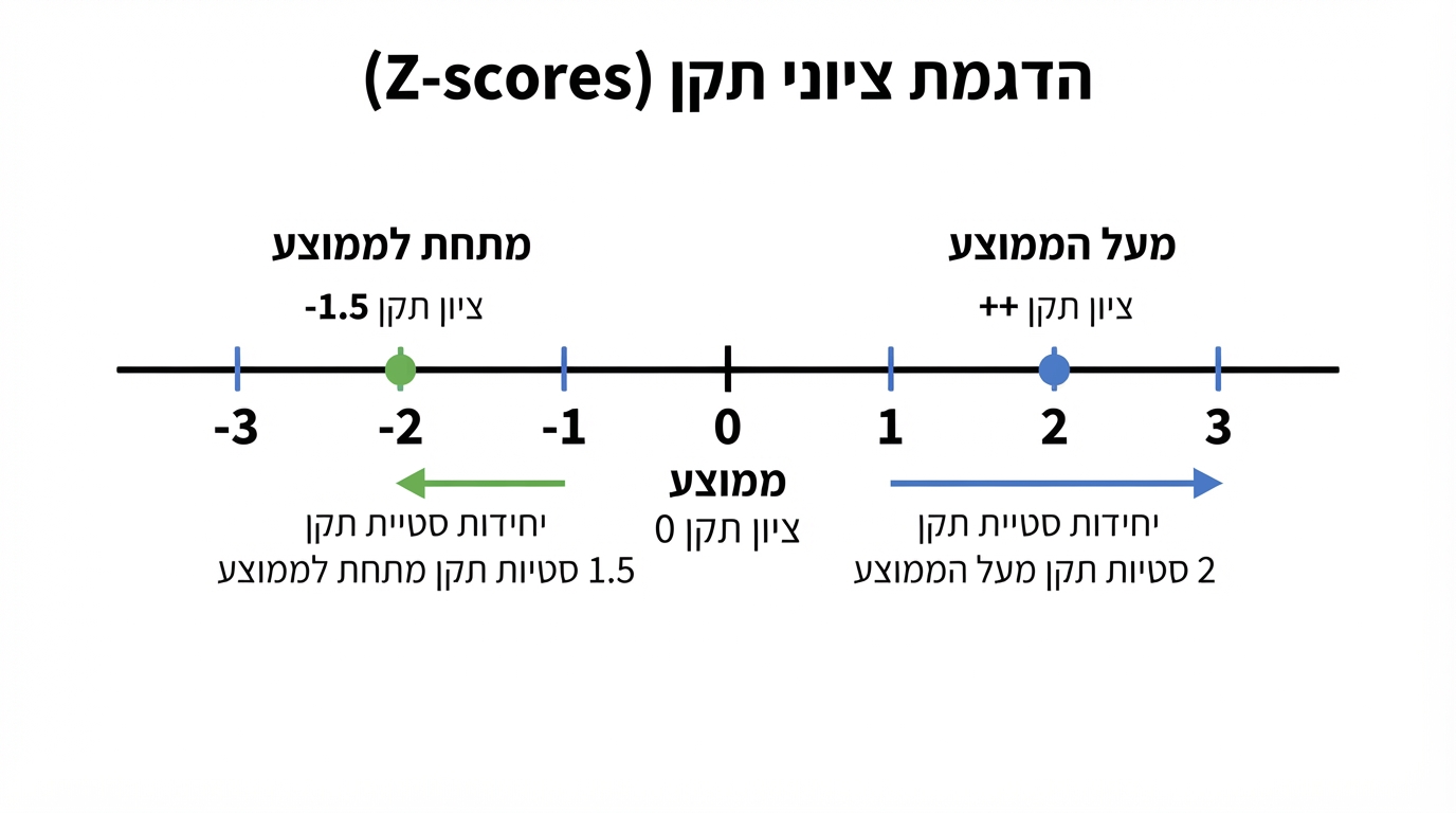 ציר אופקי של ציוני תקן בין -3 ל־3, עם סימון 0 במרכז כממוצע. מימין ל־0 נקודה חיובית עם תווית "מעל הממוצע", משמאל נקודה שלילית עם תווית "מתחת לממוצע", וחצים המראים את המרחק ביחידות סטיית תקן