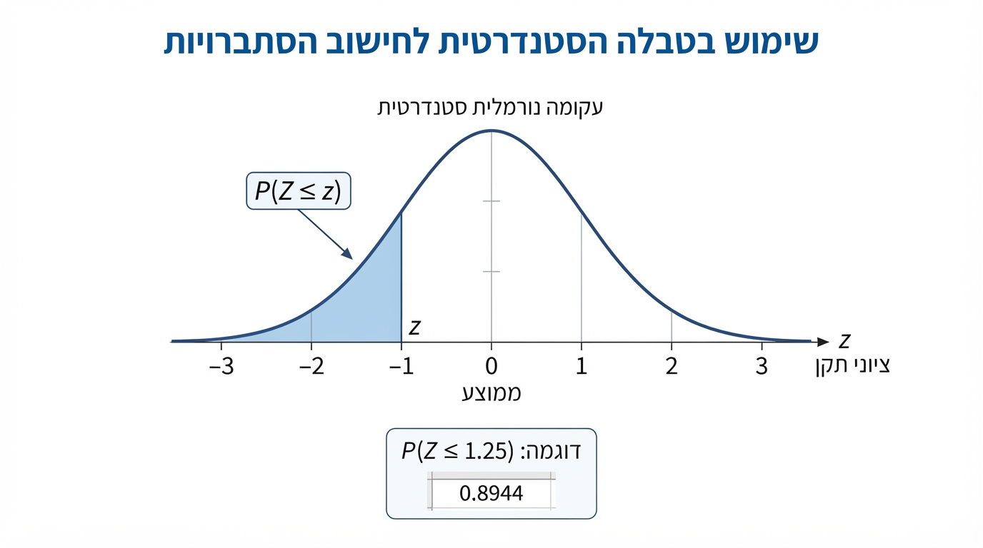 עקומה נורמלית סטנדרטית על ציר אופקי של ציוני תקן, עם שטח צבוע מתחת לעקומה משמאל לערך z ותווית P(Z ≤ z)