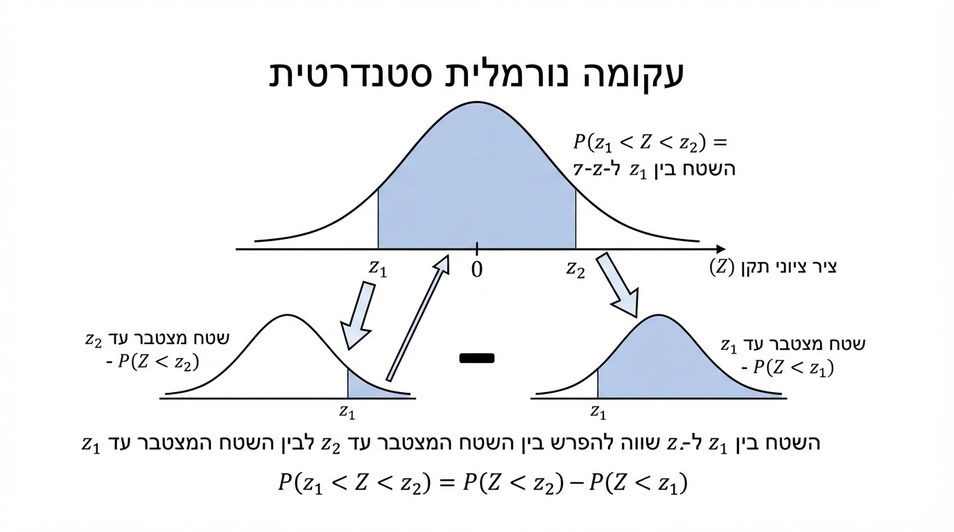 עקומה נורמלית סטנדרטית עם ציר ציוני תקן, שטח צבוע בין z1 ל-z2, וחצים המראים שהשטח שווה להפרש בין השטח המצטבר עד z2 לשטח המצטבר עד z1