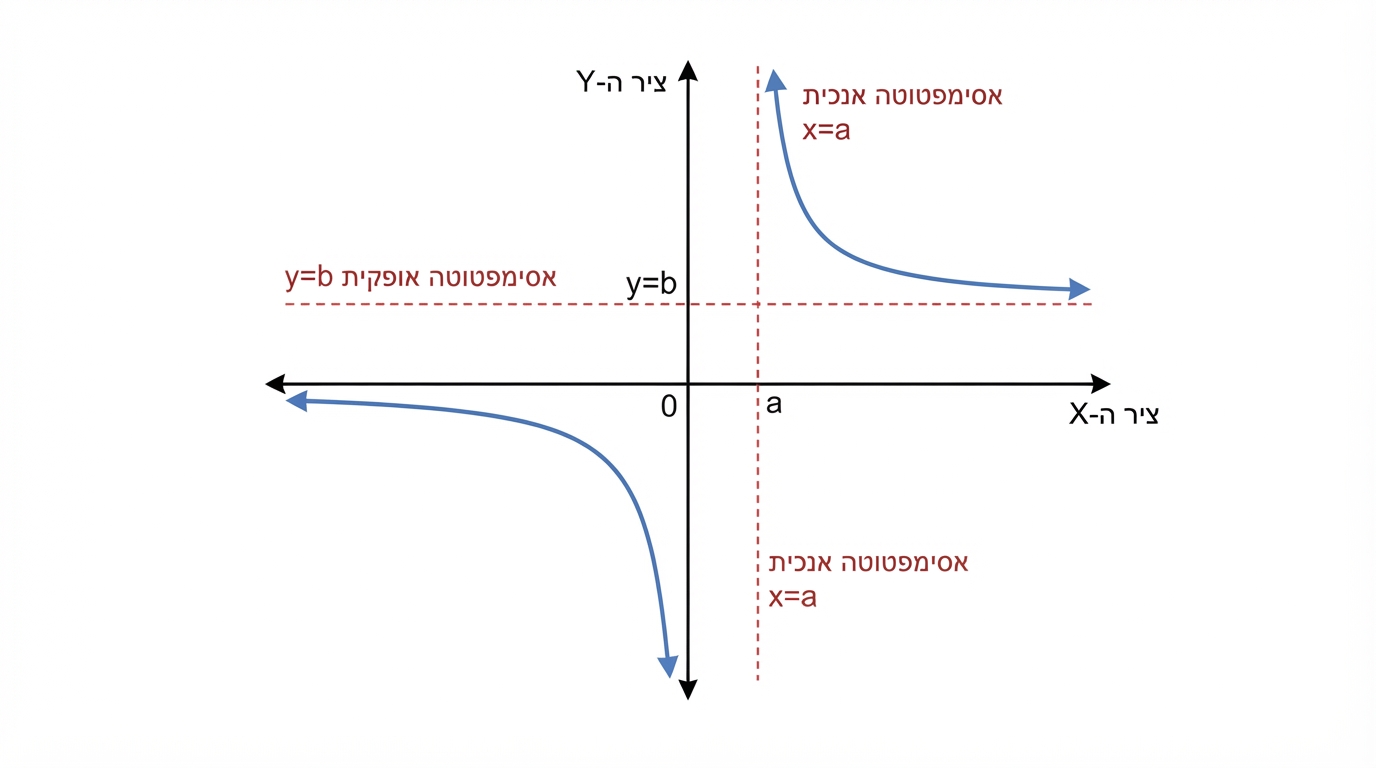 תרשים של פונקציה רציונלית במערכת צירים, עם קו מקווקו אנכי x=a וקו מקווקו אופקי y=b, ושני ענפים מתקרבים אליהם