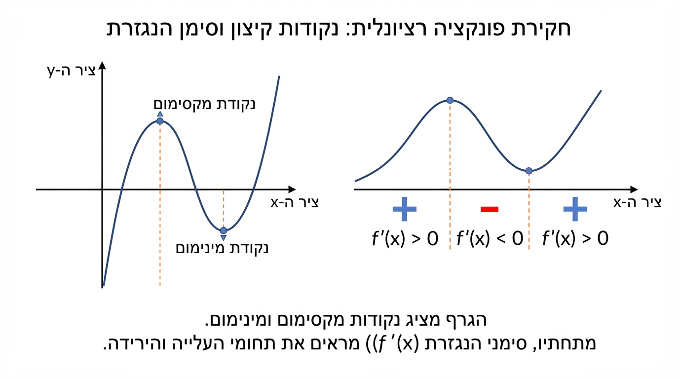 תרשים של גרף פונקציה רציונלית עם נקודת מקסימום ונקודת מינימום מסומנות, ולצידו סימוני פלוס ומינוס על ציר ה-x המייצגים את סימן הנגזרת