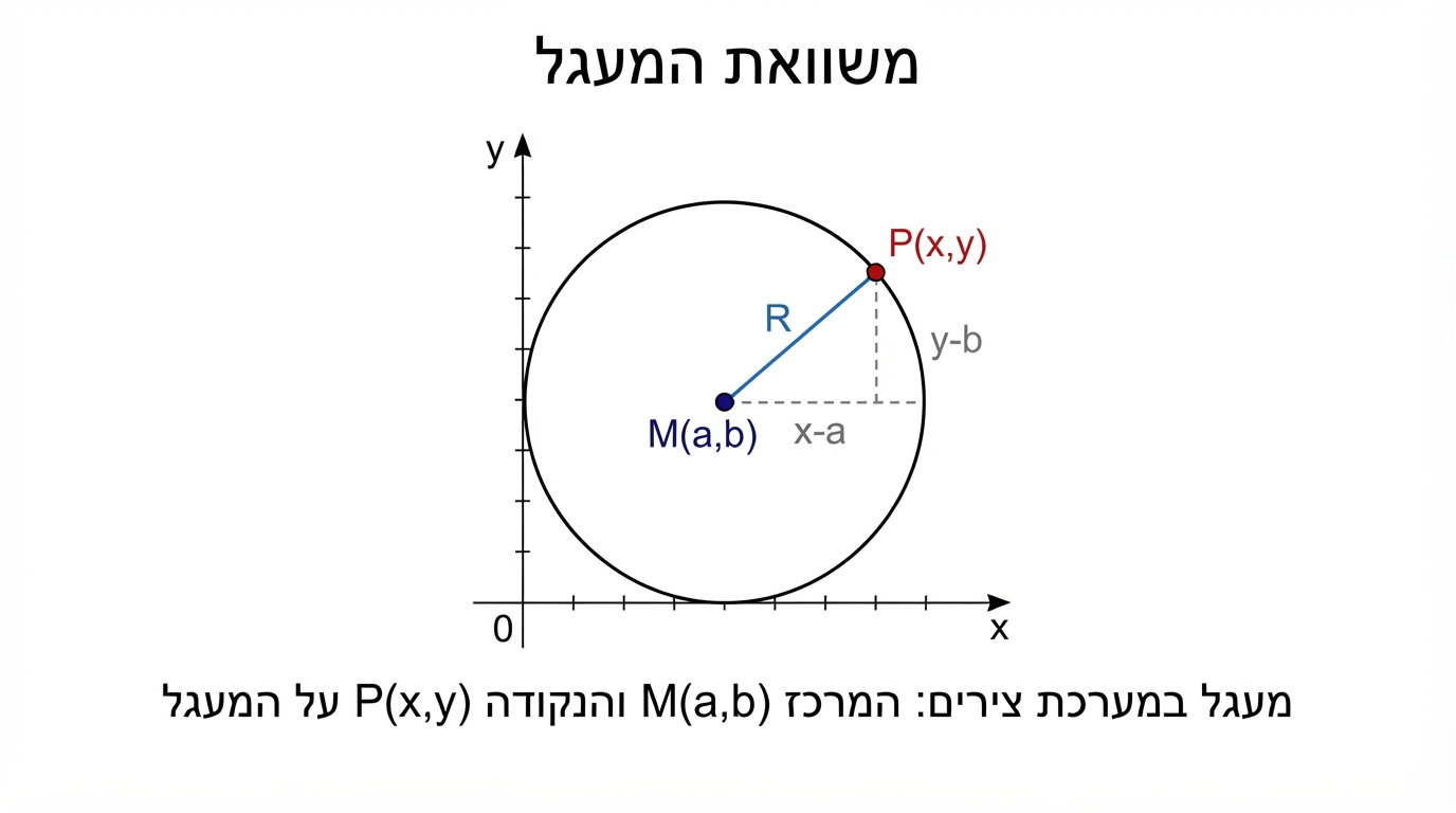 מעגל במערכת צירים: המרכז M(a,b) מסומן בנקודה, נקודה P(x,y) על המעגל, והקטע MP מסומן באורך R