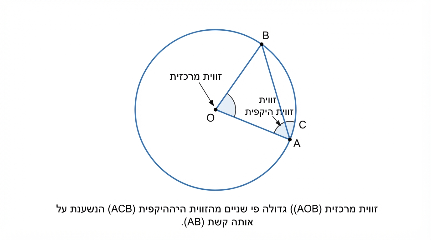 מעגל שמרכזו O, מיתר AB, קשת AB, זווית מרכזית AOB וזווית היקפית ACB הנשענת על אותה קשת