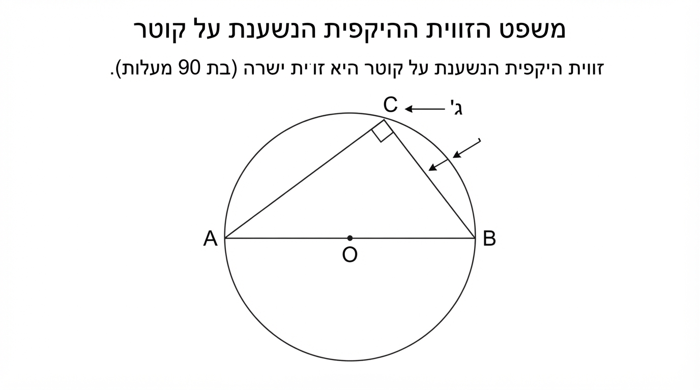 מעגל עם קוטר AB ונקודה C על המעגל, זווית היקפית ACB ישרה בת 90 מעלות