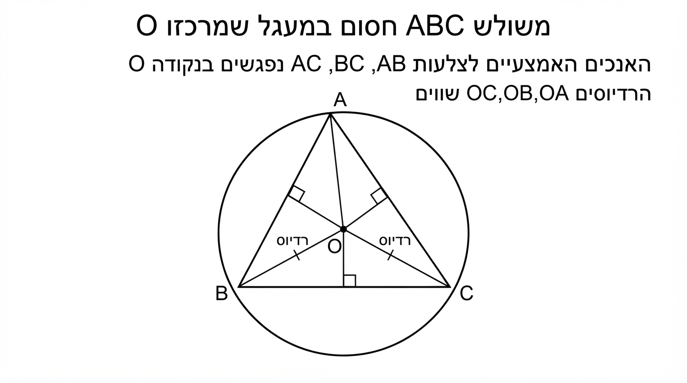 משולש ABC חסום במעגל שמרכזו O; האנכים האמצעיים לצלעות AB, BC, AC נפגשים בנקודה O, והרדיוסים OA, OB, OC שווים